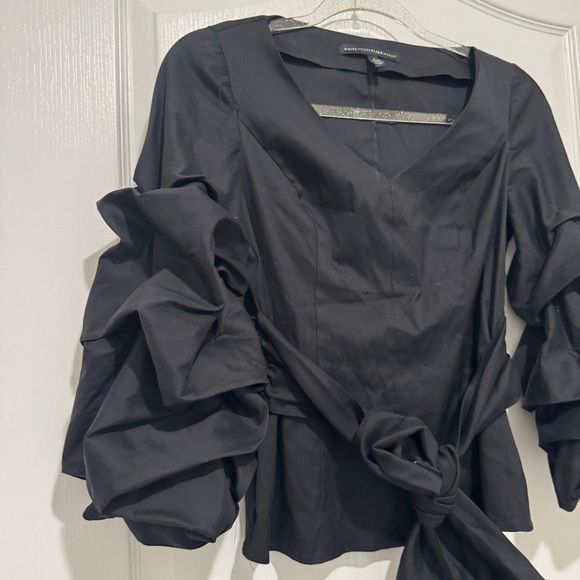 WHBM Ruffle Sleeve Black Blouse Waist Tie Size 2 - Picture 4 of 10